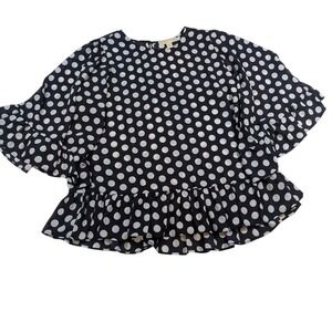 Michael Kors Polka Dot Ruffle Sleeve Blouse‎ - Womens XL Black White